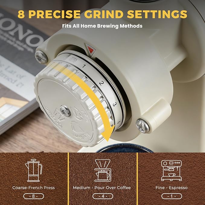 Electric Burr Coffee Grinder, 8 Grind Settings Cream Style White | 64mm Stainless Steel Flat Burr, Low Static & Quiet, for Espresso Pour Over French Press, 3-in-1 Receiving Cup, Easy Clean