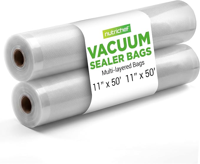 NutriChef Vacuum Sealer Bags 11x50 Rolls 2 pack for Food Saver, Seal a Meal, NutriChef, Weston. Commercial Grade, BPA Free, Heavy Duty, Great for vac storage, Meal Prep or Sous Vide