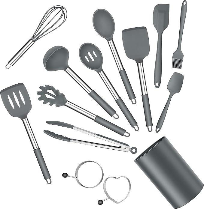 E-far Kitchen Utensils Set, 14-Piece Gray Silicone Cooking Utensils Set | Heat Resistant, Kitchen Tools Spatulas with Stainless Steel Handle, Non-stick Cookware with Holder, Dishwasher safe