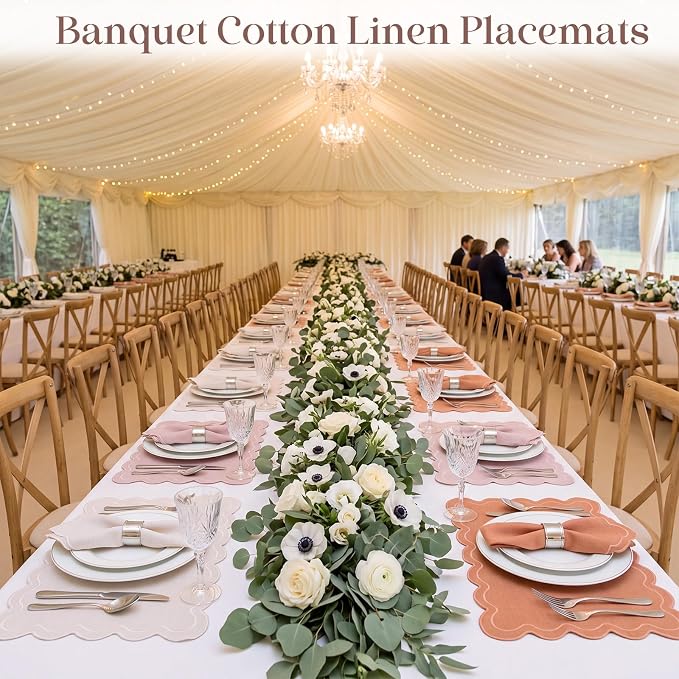 Linen Placemats Set of 12 Scalloped Placemat 13 X19 Wavy Embroidery Double Layered Washable Farmhouse Dinner Fabric Table Mat Napkin for Wedding Party Restaurant(Regular,Boho Colors)