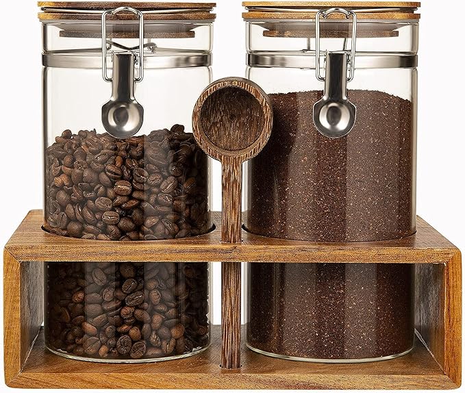 Coffee Canister with Shelf: 2P 45OZ Glass Airtight Coffee Holder | Large Capacity Coffee Container w/Acacia Scoop - Kitchen Food Storage Jar for Ground Coffee/Tea/Sugar/Cereal/Nuts/Coffee Bar