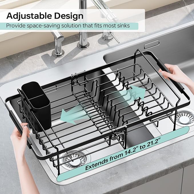 Urackify Expandable in-Sink or Over-Sink Dish Drying Rack, 14.5"-18", Black | Stainless Steel, Fits Most Sinks, Rust-Resistant, Space-Saving, Removable Utensil Holder