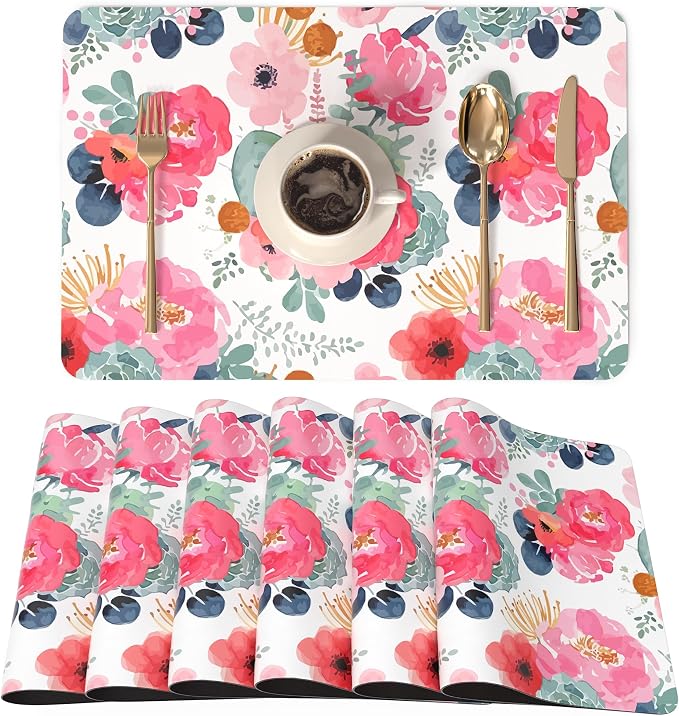 QIYI PU Leather Placemats Set of 4, 12"x18" Waterproof Table Mats, Peonies | Faux Leather, Heat Resistant, Anti Slip, Wipeable Place Mats for Kitchen Dinning, Party Table Décor, Watercolor Pink Flowers