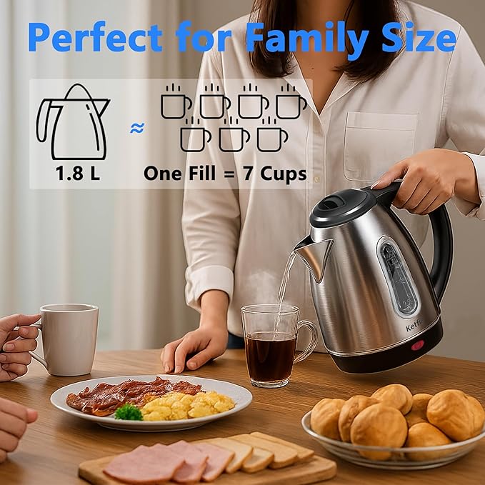 Stainless Steel Electric Kettle, 1.8 Liters Tea, Coffee Kettle & Hot Water Boiler, 360° Swivel Base, BPA Free, Auto Shut-Off, Boil-Dry Proof, 1100W