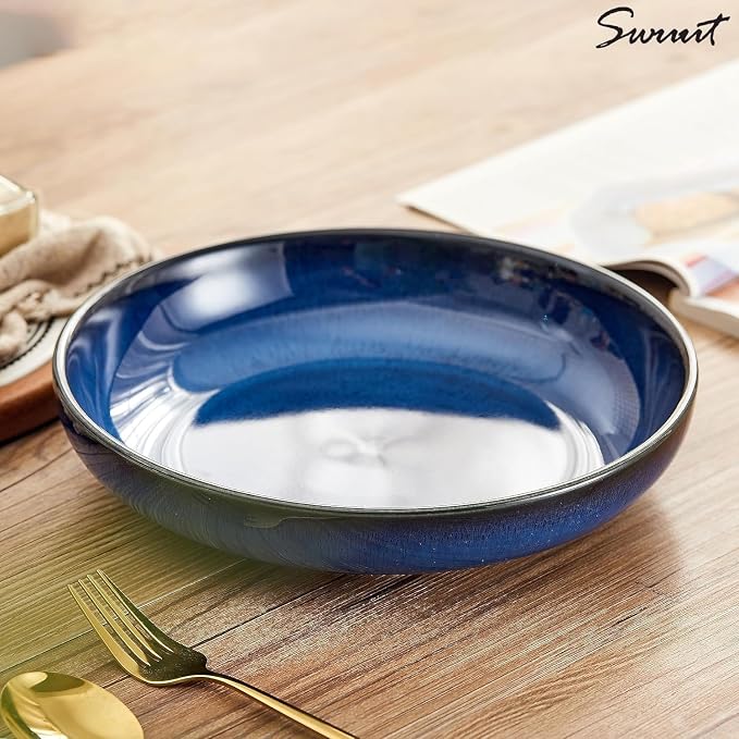 Transmutation Glaze Serving Pasta Bowl,10 inch Ceramic Wide Salad Bowls,50 Ounce Large Big Fruit Bowl for Kitchen, Microwave Oven Dishwasher Safe (Blue)