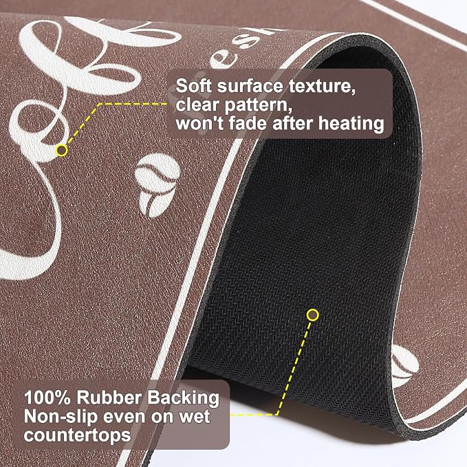 CooRug Fashion Coffee Mat, Dish Drying Mat 12" x 20" Brown | Hide Stain, Absorbent, Coffee Bar Accessories, Heat Resistant, Non-slip, Eco-friendly, Easy to Clean