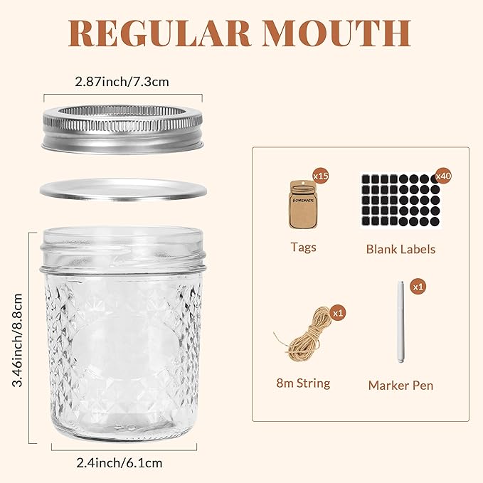 CycleMore Mason Jars 6 oz, 12 Pack Diamond Glass Jars with Silver Split Lids, Small Canning Jars for Caviar, Jam, Honey, Jelly, Sauce, Spices and Wedding Favors