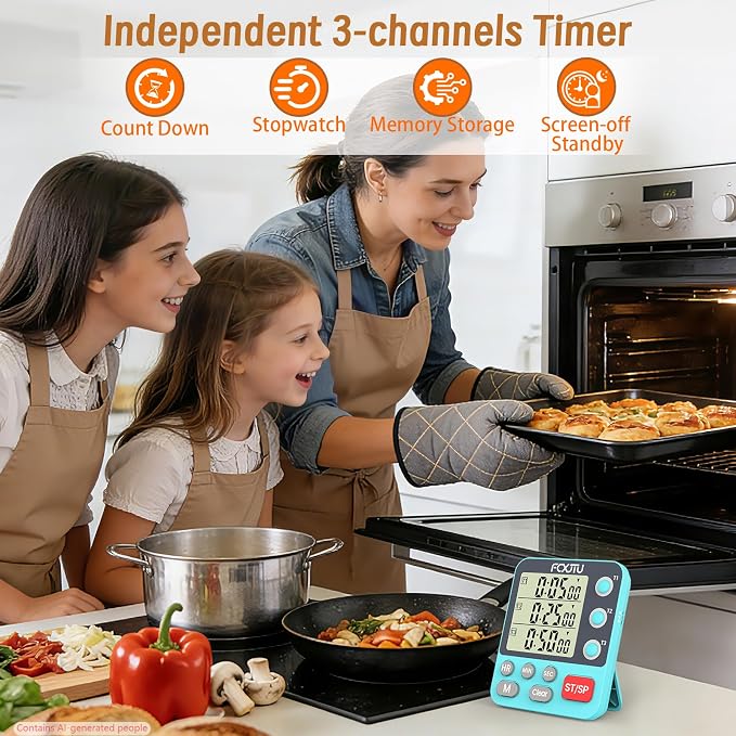Digital Dual Kitchen Timer, Multi-Channel Magnetic Countdown for Cooking | 3Groups Triple Independent Countup Food Timer, Memory Presets, Large Display, Loud Alarm & Mute, 3A Battery & Stand Included