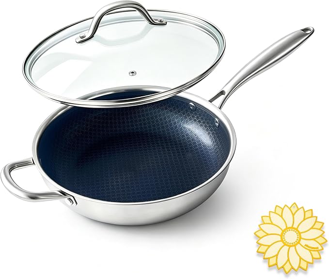 BRASA Nonstick Deep Frying pan with lid,10.24in/3QT,Stainless Steel Saute Pan,nonstick Cookware,Compatible Gas,Electric & Induction,Dishwasher safe PFOA Free(10.24in+5.9in trivet) Long Handle