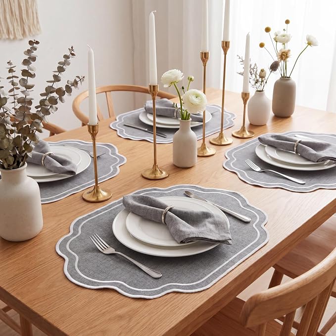 6 Pcs Gray Wedding Placemats Scalloped Embroidered Cotton Linen Placemats 17" x 13" Double Layered Machine Washable Table Place Mat for Party Table Decor (Cotton)
