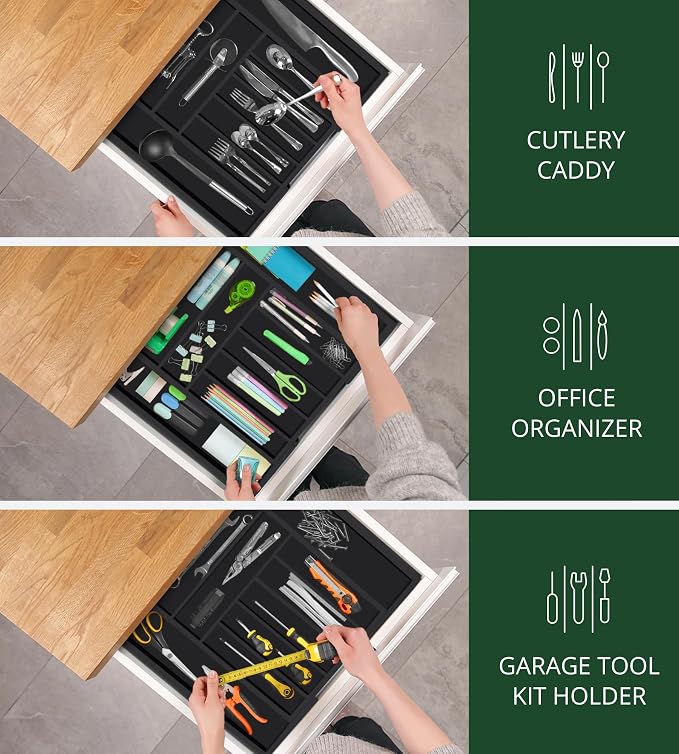 ROYAL CRAFT WOOD Luxury Bamboo Kitchen Drawer Organizer - Silverware Organizer - Utensil Holder and Cutlery Tray with Grooved Drawer Dividers for Flatware and Kitchen Utensils (9 Slot, Black)