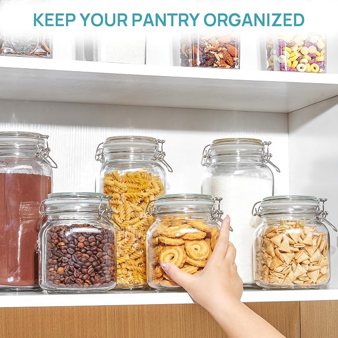 Vtopmart 78oz Glass Food Storage Jars with Airtight Clamp Lids, 3 Pack | Large Kitchen Canisters, For Flour, Sugar, Cereal, Coffee, Pasta and Canning, Square Mason Jars