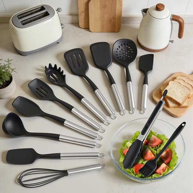 12PCS Silicone Kitchen Utensil Set, Stainless Steel Handled Cooking Tools | Spatula Turner Spoon Ladle Set | BPA Free | Heat Resistant & Non-Scratch for Nonstick Cookware | Dishwasher Safe | Black