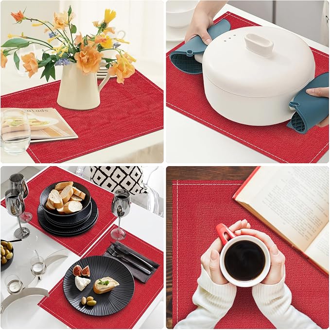 Christmas Placemats Set of 6, 12x18 Inch Rectangular Placemats for Kitchen Table, Red Placemats for Holiday Party Kitchen Dining Room Decoration
