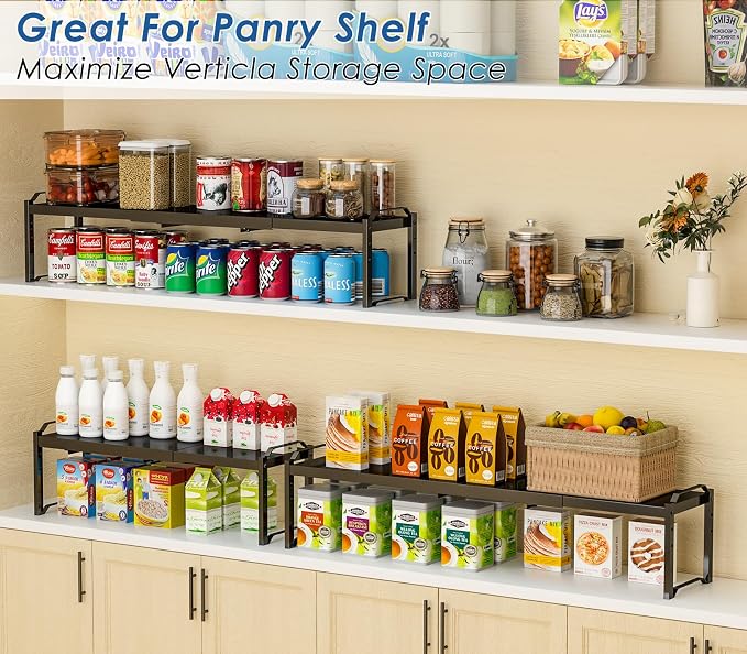 Metal Storage Shelves For Kitchen Pantry, Cabinet Shelf Organizer, Adjustable Height, Expandable Length, Stackable Design,50 LBS Load Capacity, For Dishes Spices Cans Plates Cans Bottles Cups Mugs