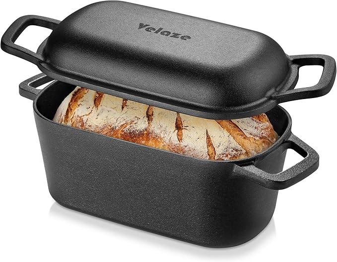 Velaze 3.6 QT Oval Cast Iron Dutch Oven for Bread Baking, Offset Handles | Bread Pan with Lid for Sourdough Sandwich,Small Households Baking,Gift for Bread Bakers,Deep Base,Oven Safe,Black