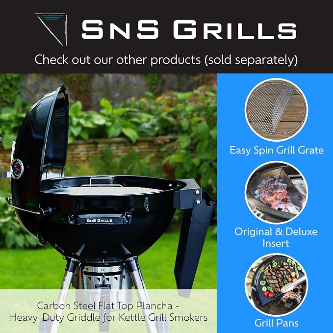 SnS Grills Slow 'N Sear Carbon Steel Flat Top Plancha - Heavy-Duty Griddle for Outdoor Grilling, Perfect for Smash Burgers, Breakfast, and Hibachi-Style Meals - Fits 18” Kettles