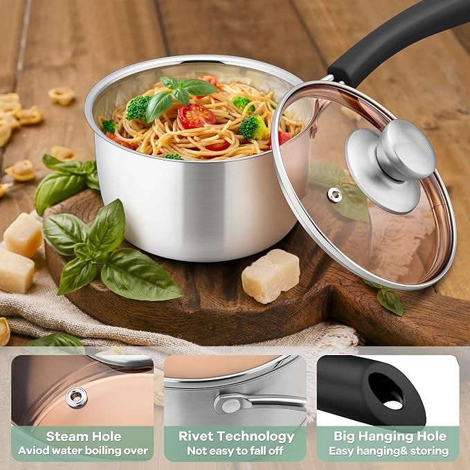 Herogo 1 Quart & 2 Quart Saucepan Set with Lid, 18/10 Stainless Steel Sauce Pan Pot, 2Qt 1Qt Saucepan for Home Kitchen Restaurant, Dishwasher Safe