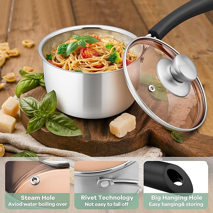 Herogo 3 Quart Saucepan, 18/10 Stainless Steel Sauce Pan Pot with Lid, 3Qt Saucepan for Gas Electric Stove Top Camping, Healthy & Rust Free