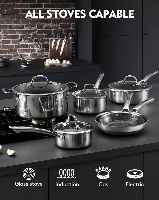 SNOWCLAD Pots and Pans Set Non Stick | Stainless Steel Kitchen Cookware | 10 Pcs | PFOA Free | Hybrid | Induction Compatible | Frying Skillet, Saucepans, Saute Pan & Stock Pot
