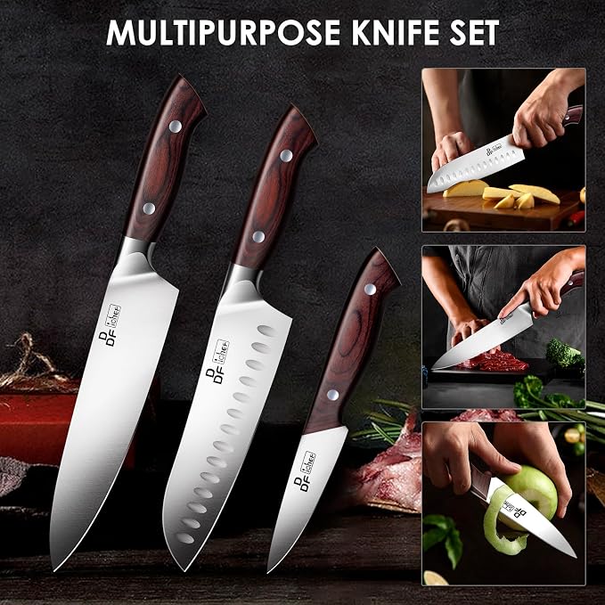 3 Piece Knife Set, High Carbon Stainless Steel and Pakkawood Handles | Japanese Kitchen Knife Set with Ergonomic Full-Tang Wooden Handle, Sharp Chef Knife Set in Gift Box