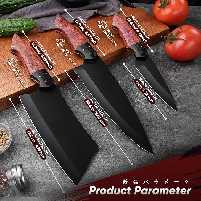 TIVOLI Kitchen Knife Set 3pcs - Chef Knife Set with Full Tang Wooden Handle | German High-carbon Steel, Full Tang, Ergonomic Walnut Handle, Gift Box, Dual-Tech Black Shield