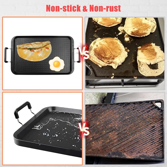 Stove Top Griddle, 22 Inch 2 Burner Large Grill Pan for Stove Top, Non-Stick Aluminum with Handles, Indoor Outdoor Cooking/Camping