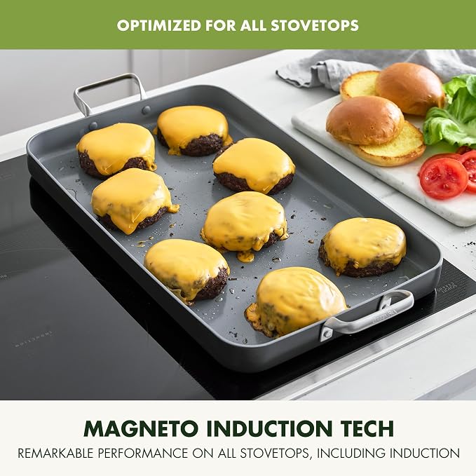 GreenPan Valencia Pro 18" x 11" Ceramic Nonstick Double Burner Griddle Pan | PFAS-Free Nonstick, Induction Ready, Compatible with all Stovetops, Hard Anodized, Gray, Dishwasher Safe, Oven Safe to 600F