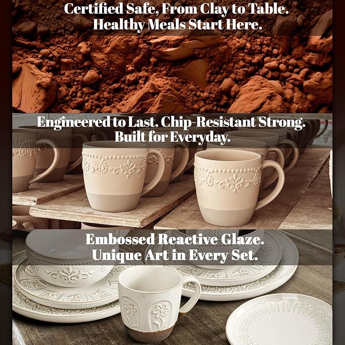 Plates And Bowls Sets, 16 Pieces Dinnerware Sets, Dish Set For 4, Ceramic Kitchen Bowl And Plate Set, Embossed White Dishware Sets, Dishwasher & Microwave Safe (Damask Floral) (With Mugs)