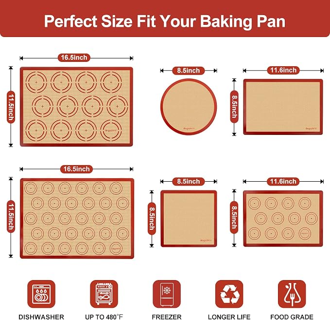 Silicone Baking Mat Set of 6, Easy Clean & Non-Stick Food Grade Reusable Baking Mat, Silicon Baking Mats Oven Liner Sheet, Round & Square Cake Mat, Pastry Board Rolling Dough Mats for Macaron Cookie