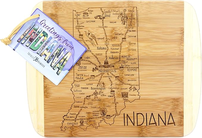 Totally Bamboo A Slice of Life Indiana Engraved Map Cutting Board | 11” x 8.75” charcuterie board with engraved state map artwork. Smooth reverse side for food prep. Hang tie for wall display.