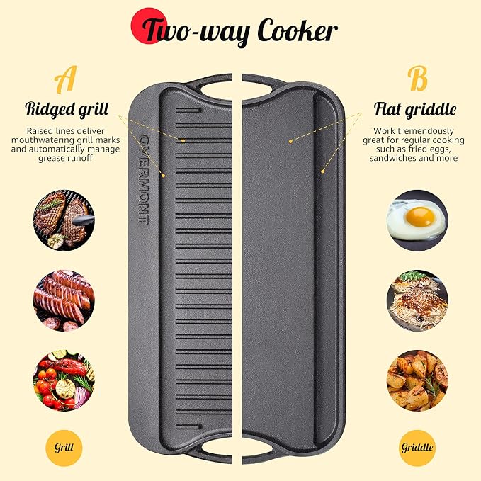 Overmont Reversible Cast Iron Grill - 17" x 9.8" Dual-Sided Griddle Pan | Pre-Seasoned Griddle Double Burner Cookware with Handles, for Gas Grill Stovetop Oven Campfire Camping BBQ, Scrapers Included