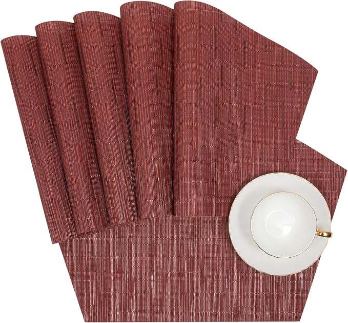 SHACOS Small Round Table Placemats Set of 5 Woven Vinyl Wedge Placemats with Centerpiece Round Table Mats Heat Resistant Wipe Clean (5, Burgundy Red)