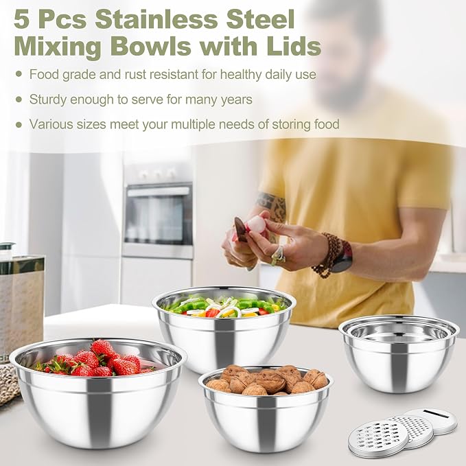 TeamFar Mixing Bowls, Stainless Steel Salad Serving Bowl with Clear Lids | with 3 Graters, For Kitchen Cooking Prepping Storing, Size 4.6/2.6/1.5/1/0.7 QT, Nesting & Airtight, Set of 5 & Khaki