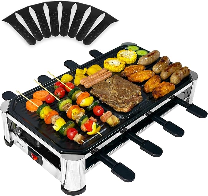 TAMARIT 8-Person Raclette Grill, Electric Table Grill for family gatherings | 8 Nonstick raclette pans, 8 spatulas, 1500 W, Stainless Steel