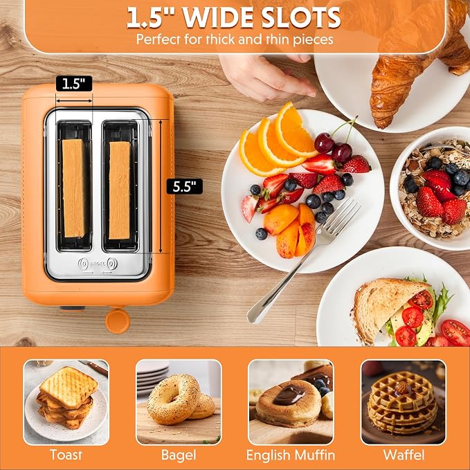 BUYDEEM DT620 2-Slice Toaster, 7 Shade Settings, Extra Wide 1.5'' Slots for Bagel & English Muffin, 6 Toasting Functions, Retro Stainless Steel Toaster with High Lift Lever, Orange