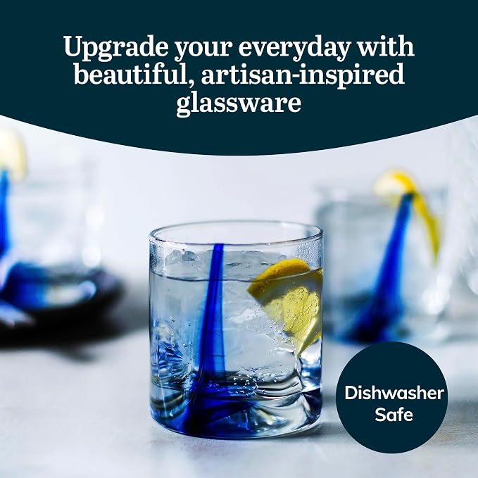 Libbey Blue Ribbon Rock Glasses Set of 8, Artisan Inspired Four-Dimple Shaped Whiskey Glasses Set, Dishwasher Safe Short Drinking Glasses for Families