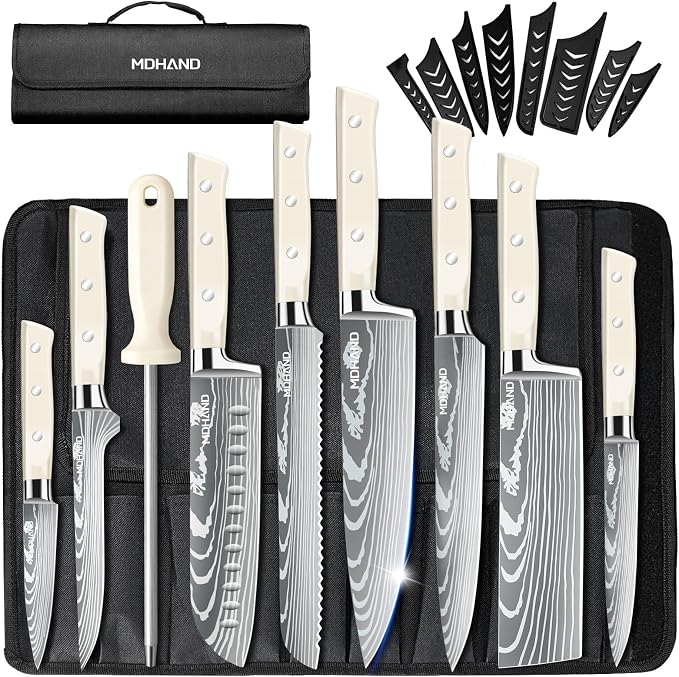 Chef Knife Set with Roll Bag, Professional Knife Set with Sharpener | High Carbon Stainless Steel 9PCS Kitchen Knife Set, Forged Triple Rivet Handle, Kitchen & Home Cooking, Dishwasher Safe White
