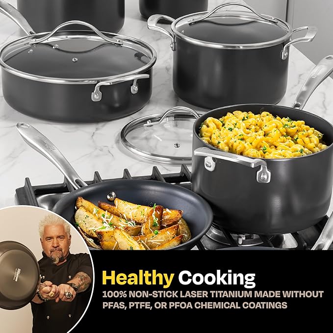 Guy Fieri's Flavortown Laser Titanium 12-Piece Cookware Set | Non-stick, Made without PFAS, PTFE or PFOA, 3x More Durable, Dishwasher & Oven Safe
