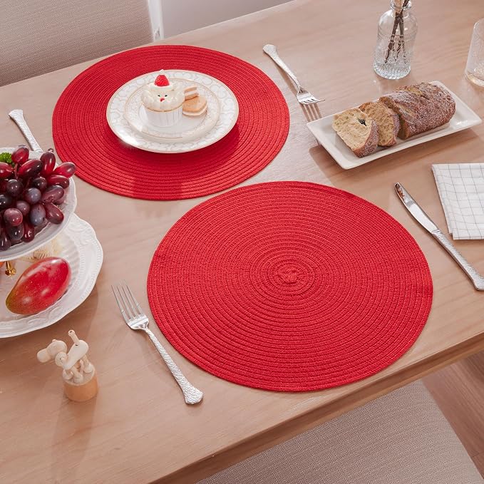 SHACOS 15 inch Round Placemats Set of 6 Braided Non Slip Washable Place Mats for Dining Tables Kitchen Table Mats Home Wedding Party Decor (Red, 6)