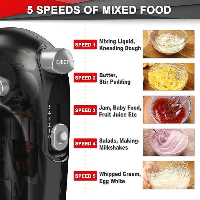 Lord Eagle Hand Mixer Electric Handheld 400W,5-Speed, Lightweight, Black | Kitchen Mixer with Storage Case, 5 Stainless Steel Attachments for Baking Cake Egg Cream Food Beater, Turbo+Eject Button