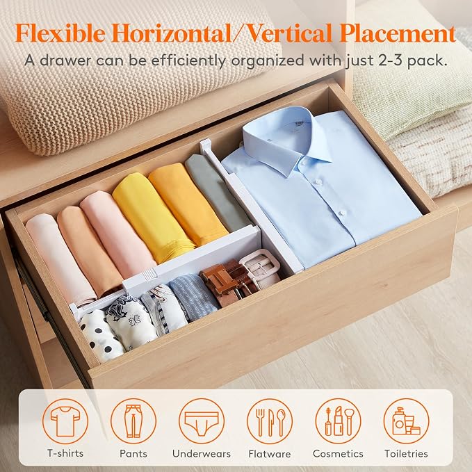 Lifewit 4" High Upgrade Drawer Divider, Adjustable Drawer Organizer Clothes | 8 Pack 11"-17" Expandable White Plastic Drawer Separator for Dresser, Kitchen, Closet, Nursery, Office Organization & Storage