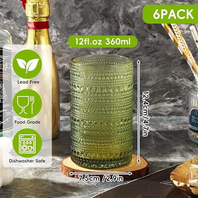 Moretoes 12 Oz Green Hobnail Drinking Glasses Set of 6,o Water Glass Cups | 12 Oz Highball Glasses Embossed Boh Kitchen Bar Tumbler Glassware Set for Whiskey, Beer, Juice, Milk and Various Mixed Drink