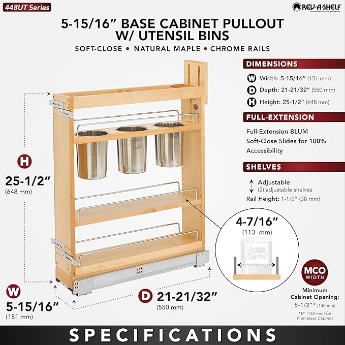 Rev-A-Shelf Pullout Organizer w/Soft-Close, Min Cabinet Opening 5.5" W | 5" W Slide Out Pantry Spice or Utensil Storage Rack w/BLUM Soft-Close & Adjustable Shelves for Base Cabinet, 448UT-BCSC-5C