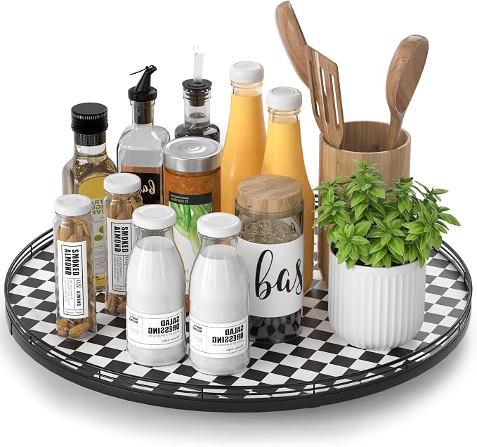 AMH18-Inch Black and White Checkerboard Lazy Susan Decorative Tray | Smooth rotating oak tray with walnut finish for dining tables, kitchen counters, pantries and cabinet storage.