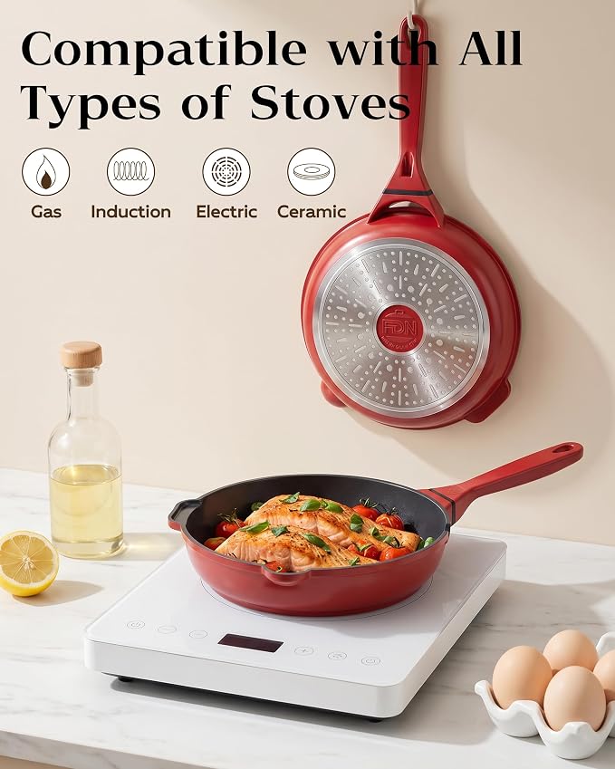 FDN 8" Ceramic Non Stick Frying Pans With Lid, Titanium Pans for Cooking, Non-Toxic PFAS-Free, Induction & Oven-Safe Cookware, Red For Daily Cooking