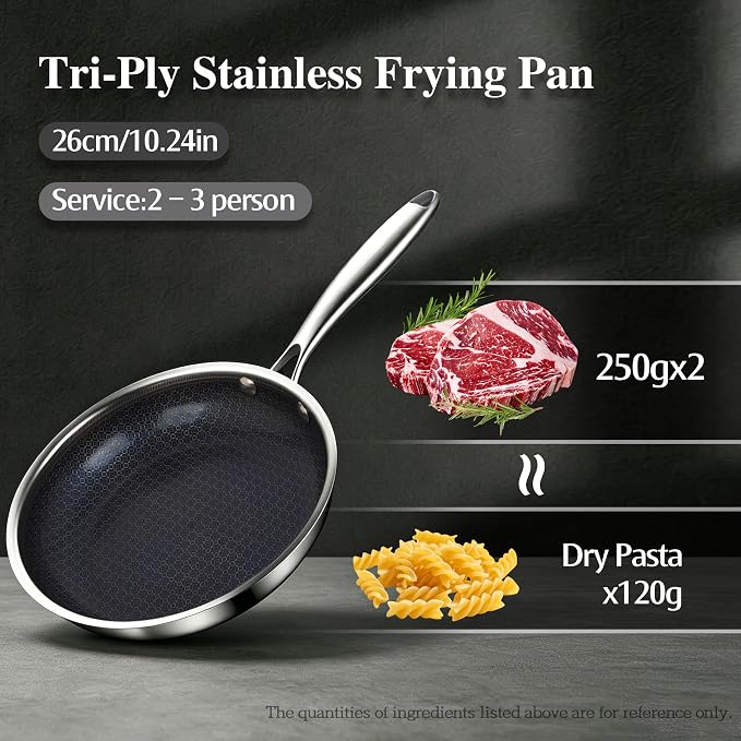 BRASA Nonstick Frying Pan 10.24-inch,Tri-Ply Stainless Steel Skillet,Honeycomb Ceramic Coating, Induction & All Cooktop Compatible,Dishwasher safe (PFOS, PFOA Free) 10.24 in