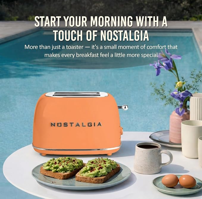 Nostalgia Classic Retro 2-Slice Toaster- Vintage Design- Enamel Coated Steel Body- Wide Slots for all Breads- Crumb Tray, Cord Storage- Defrost,Cancel and Bagel Function & 6 Toasting Levels- Orange