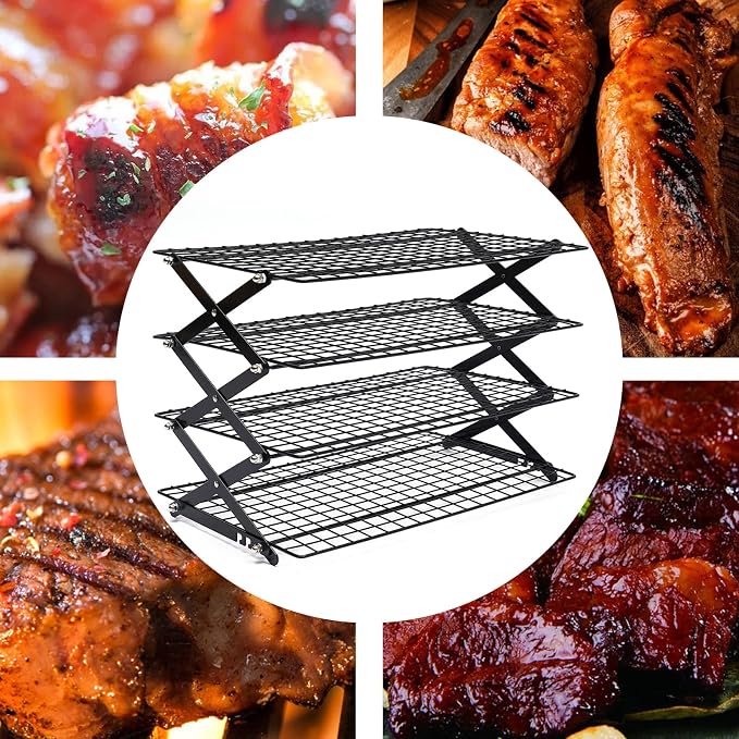 4-Tier Collapsible Cooling Rack, Adjustable Stackable Roasting Cooking Drying Wire, Barbecue Storage Display Shelf for Cookies Baking Picnic Party
