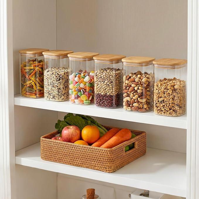 Moretoes 6pcs Glass Food Storage Containers with Lids, 1.2qt Glass Jars | Square Glass Storage Containers with Bamboo Press Lids, Airtight Pantry Storage Jars for Flour, Sugar, Dry Goods